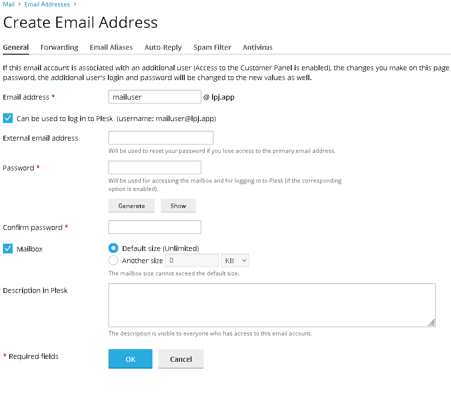 Plesk add mail user general