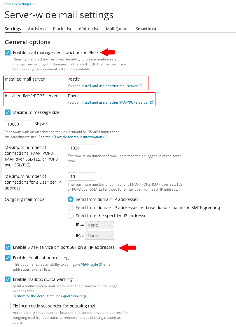 Plesk mail server settings